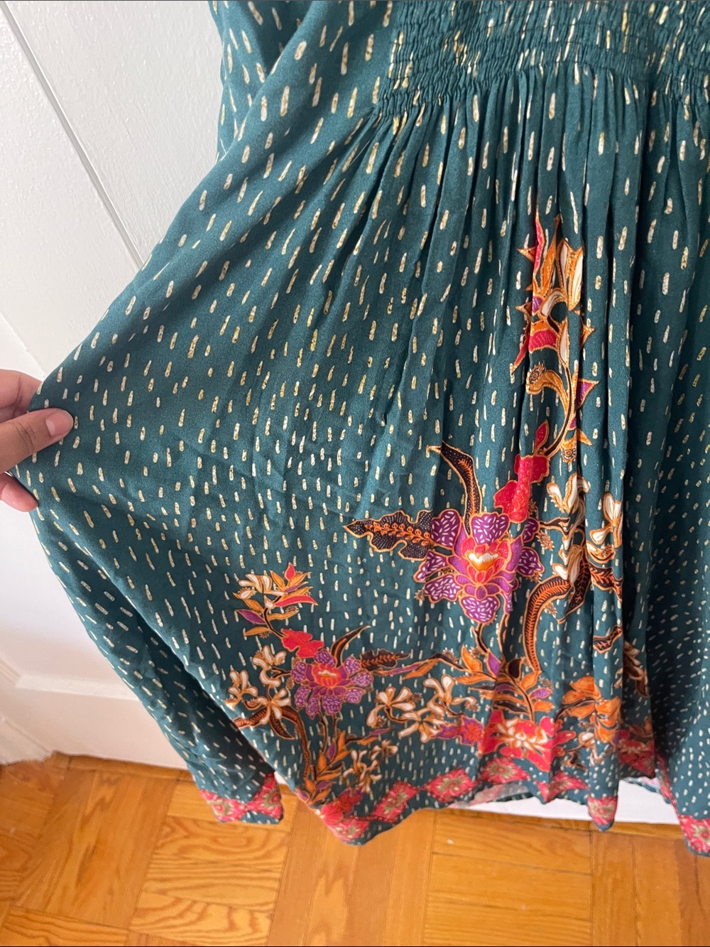 Anthropologie Bl-nk Tatiana Teal Floral V-Neck Midi Kaftan Dress - Picture 8 of 11